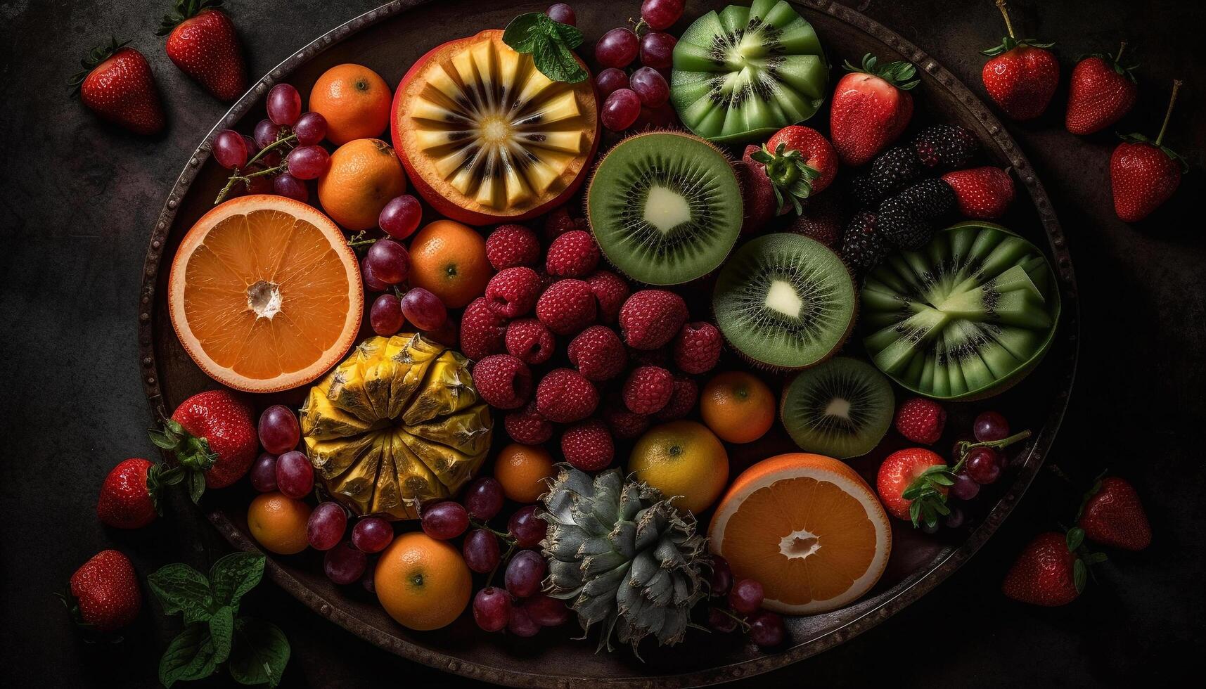friska äter med färsk organisk bär frukt skål på trä tabell genererad förbi ai foto