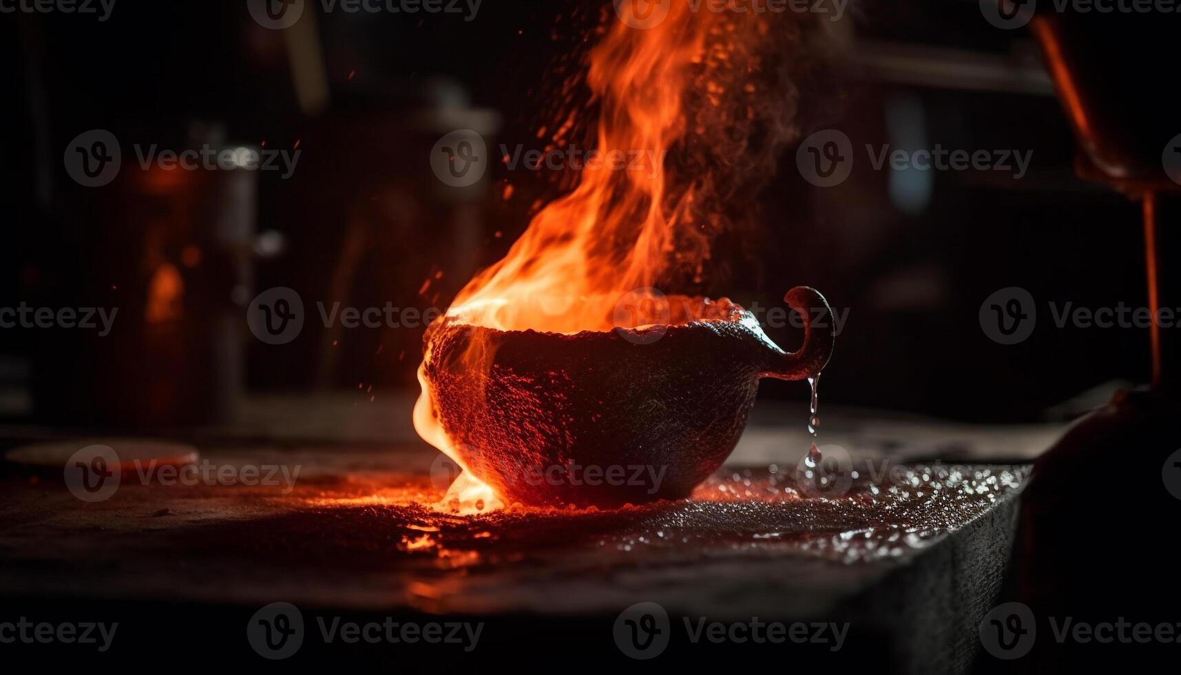 gourmet måltid matlagning på varm spis med lysande flamma och ånga genererad förbi ai foto