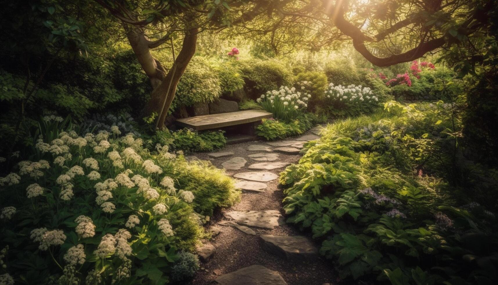 lugn höst äng, gående väg fodrad med gul blommor genererad förbi ai foto