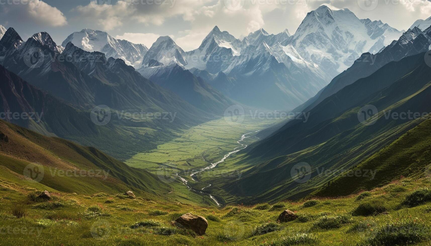 majestätisk berg räckvidd, lugn äng, panorama- skönhet i natur generativ ai foto
