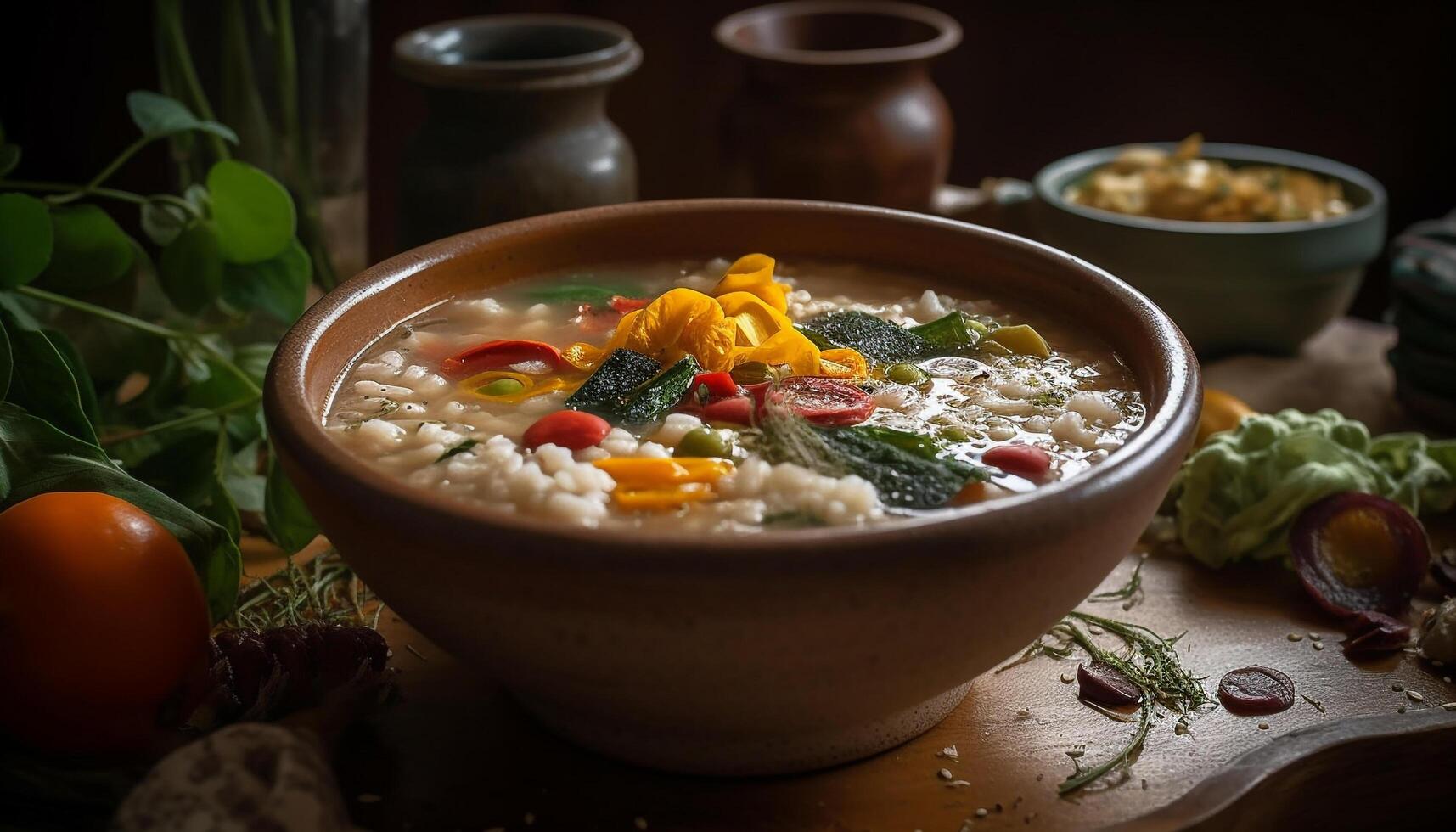 färsk vegetabiliska soppa i en rustik trä- skål för lunch genererad förbi ai foto