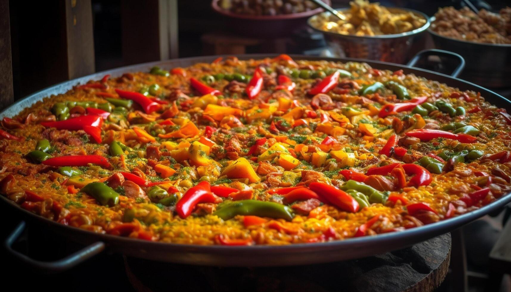 friska gourmet vegetarian paella med färsk skaldjur och saffran krydda genererad förbi ai foto