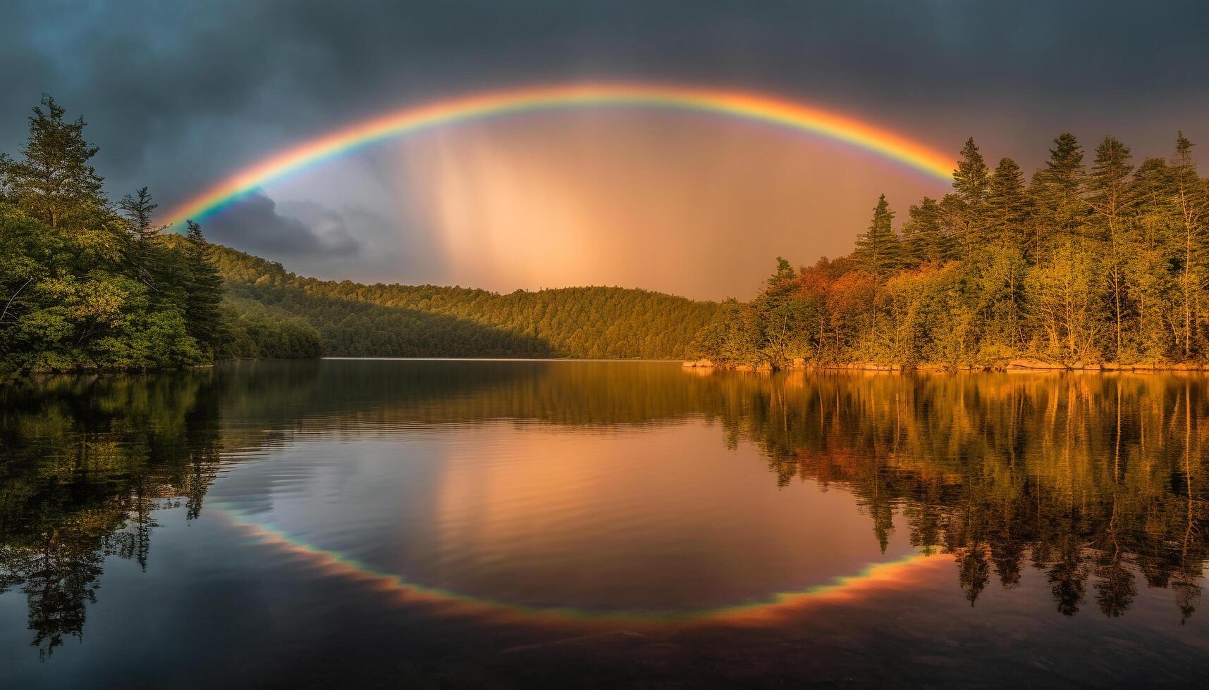 vibrerande regnbåge färger reflektera i lugn damm, natur skönhet finns i överflöd genererad förbi ai foto