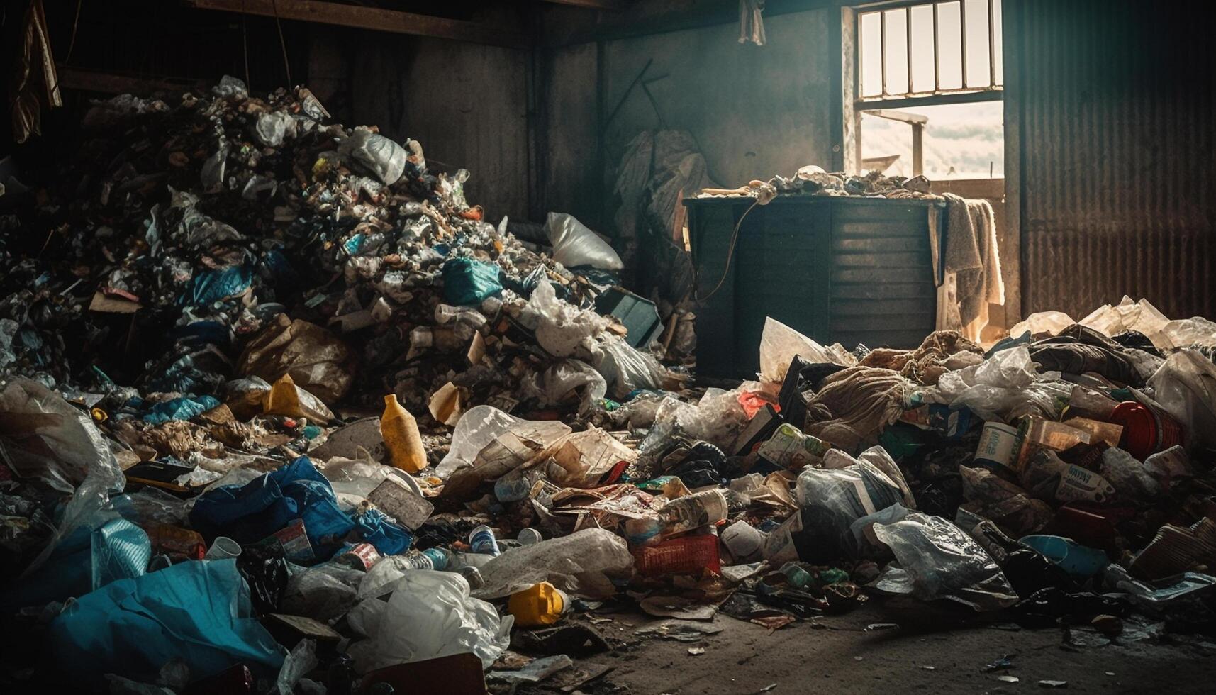 ohygienisk plast högen förorenar natur, orsakar miljö- skada och fara genererad förbi ai foto