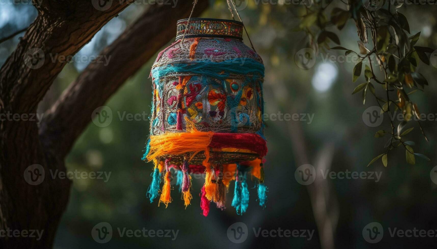 rustik lykta hängande från träd, symbol av kinesisk kultur genererad förbi ai foto