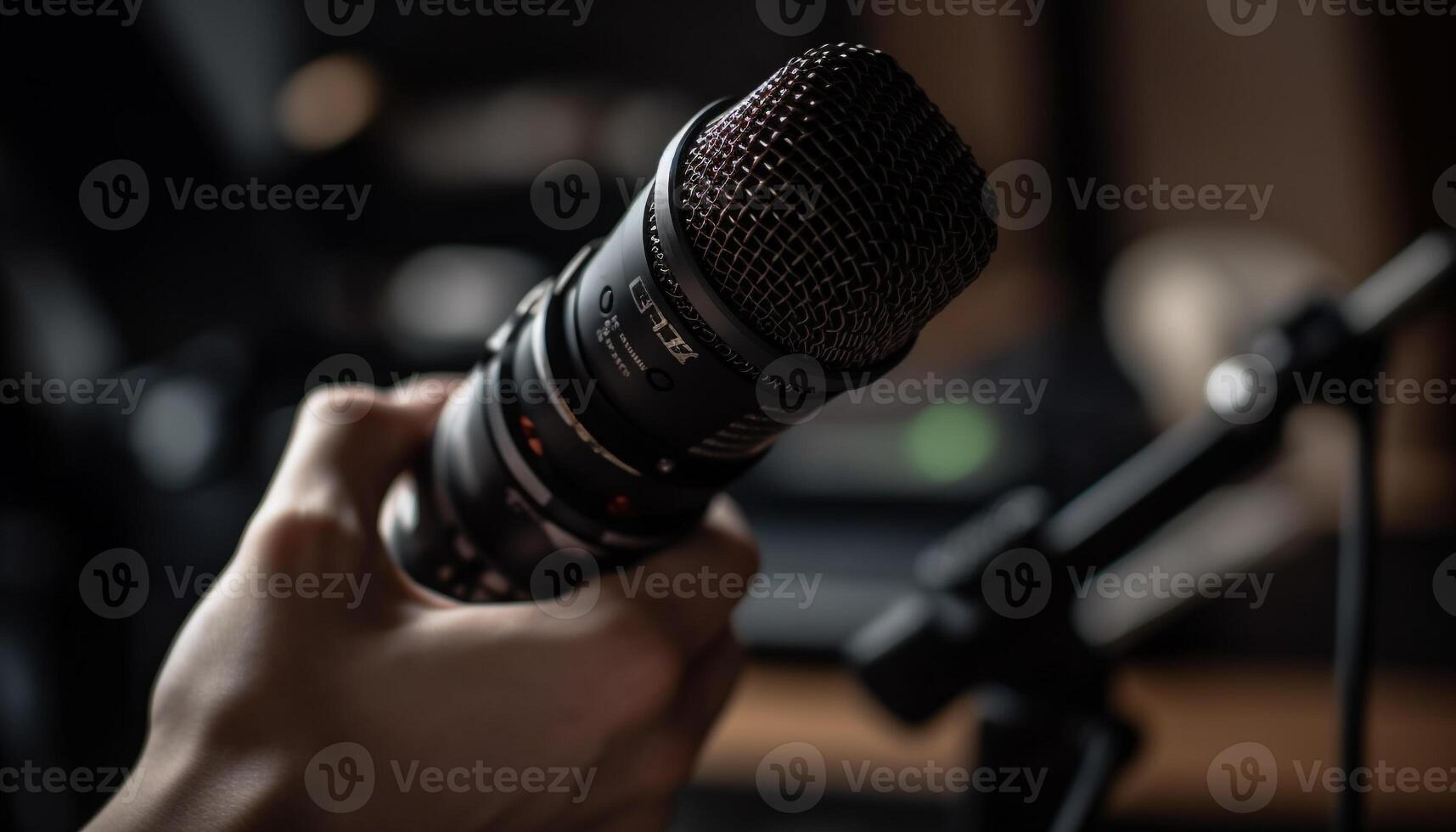 professionell musiker innehav mikrofon på skede under sten prestanda genererad förbi ai foto