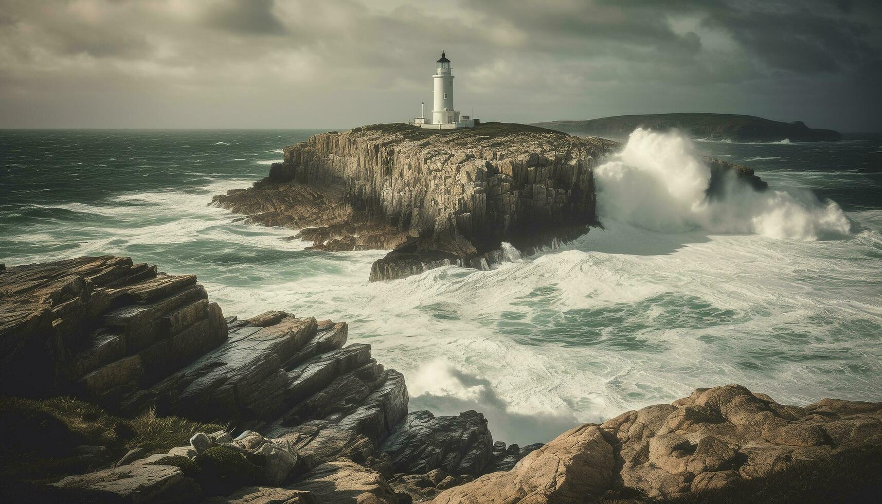 fyr guider surfare genom farlig vågor på känd asturien kustlinje genererad förbi ai foto