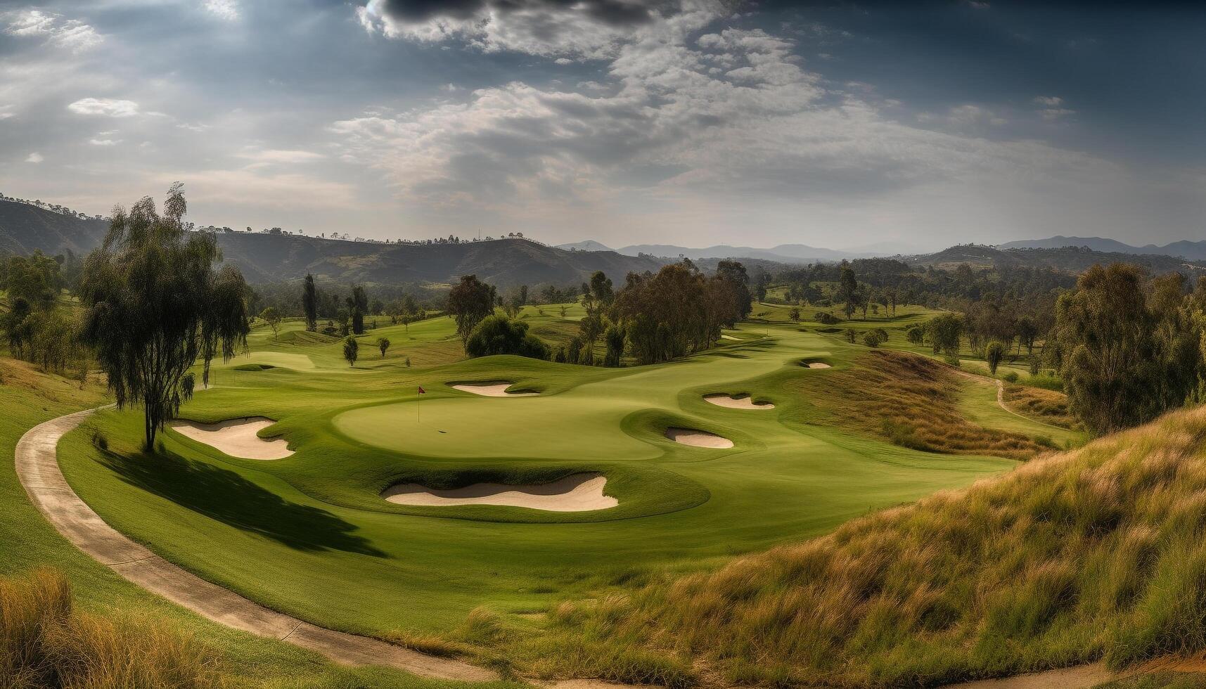 grön landskap, lugn äng, golf klubb, sommar fritid aktivitet genererad förbi ai foto