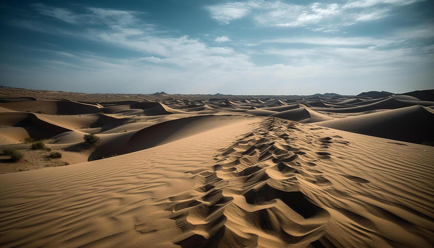 solnedgång över majestätisk sand sanddyner i torr afrika vildmark genererad förbi ai foto