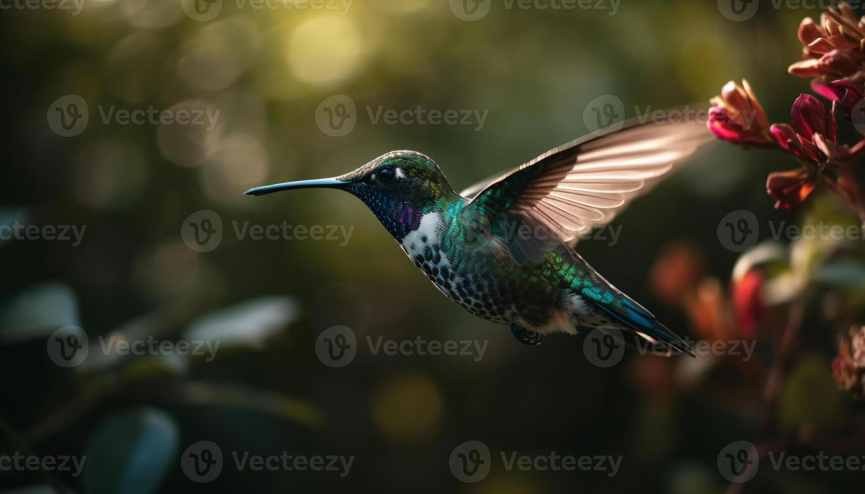 kolibri svävande mitten luft, spridning regnbågsskimrande vingar för pollinering genererad förbi ai foto