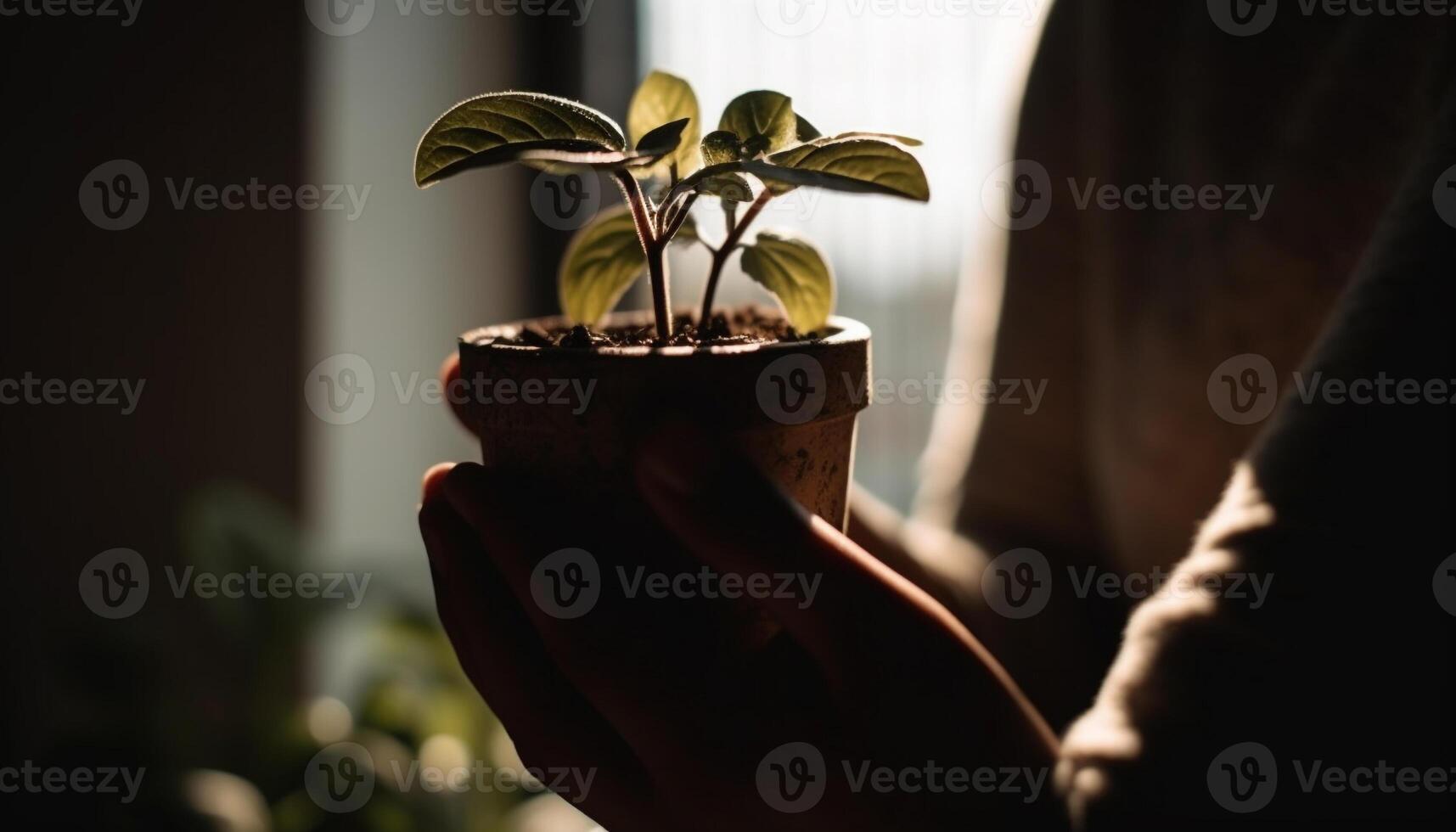 ett hand innehav små fröplanta, ny liv i blomma pott genererad förbi ai foto