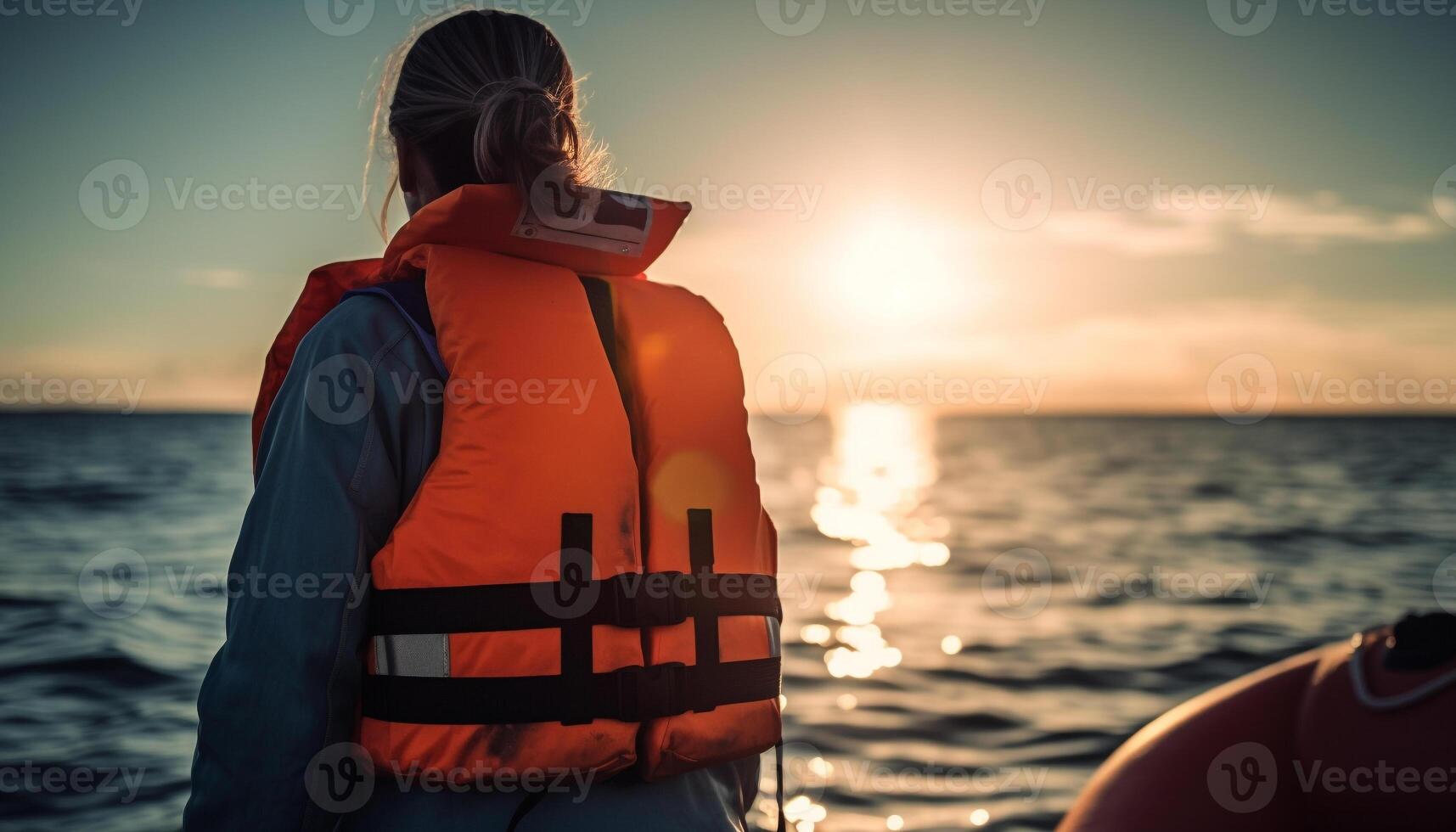 ett person stående, ser på solnedgång på nautisk fartyg genererad förbi ai foto