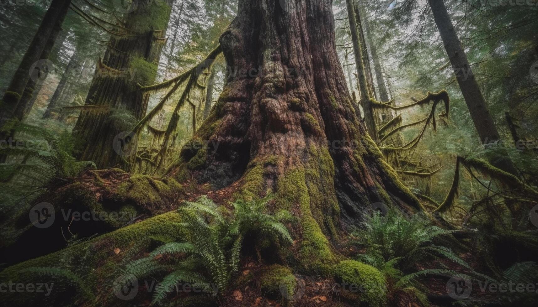 lugn scen av gammal tillväxt skog i tempererad regnskog genererad förbi ai foto