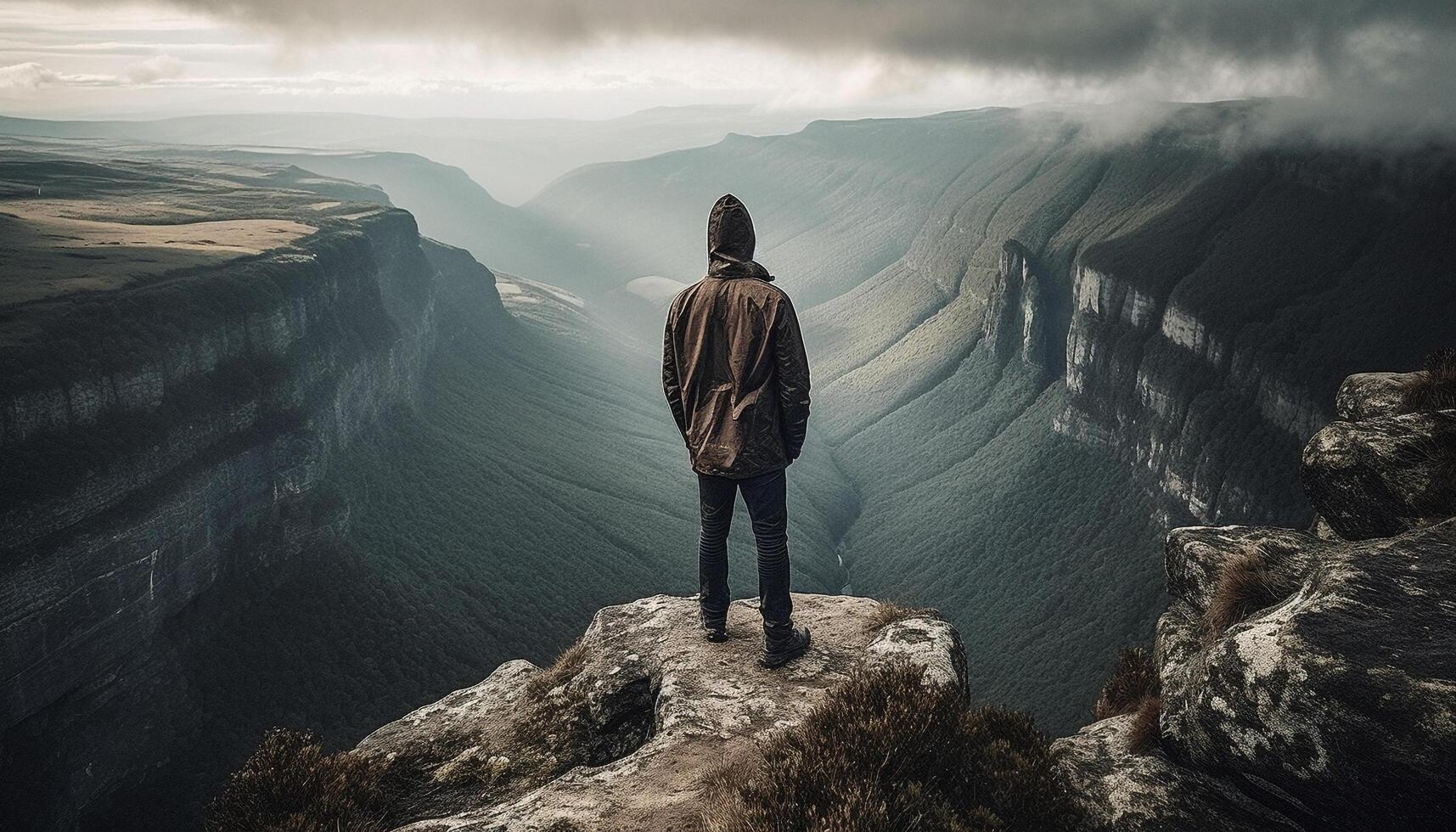 ett person stående på berg topp, ser på majestätisk landskap genererad förbi ai foto