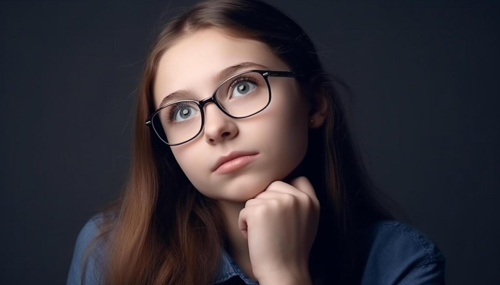 ung vuxen kvinna med brun hår och glasögon ser självsäker genererad förbi ai foto