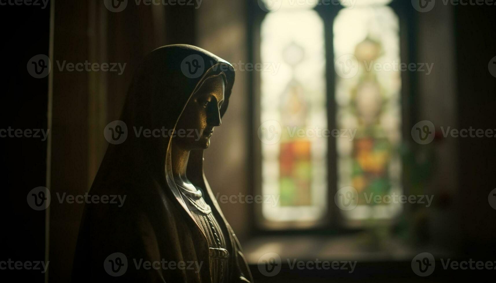 bön- ung vuxen upplyst förbi bakgrundsbelyst korsa i gotik katedral genererad förbi ai foto