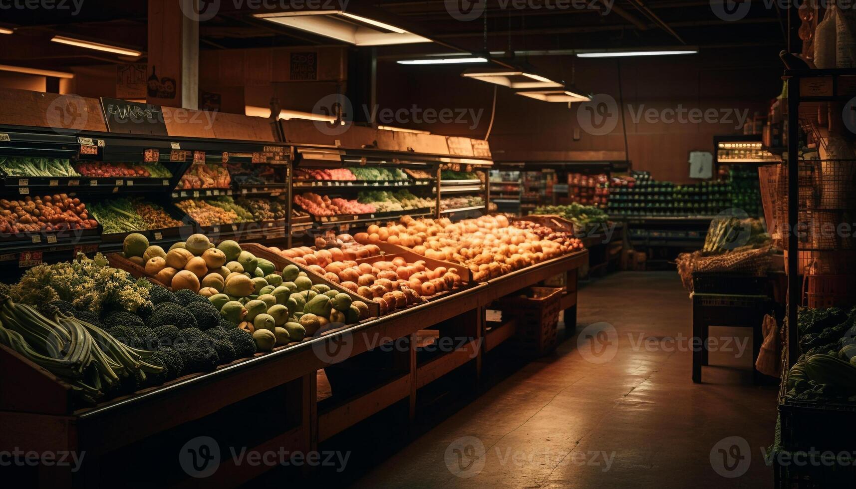 överflöd av färsk organisk frukt och grönsaker i mataffär gång genererad förbi ai foto