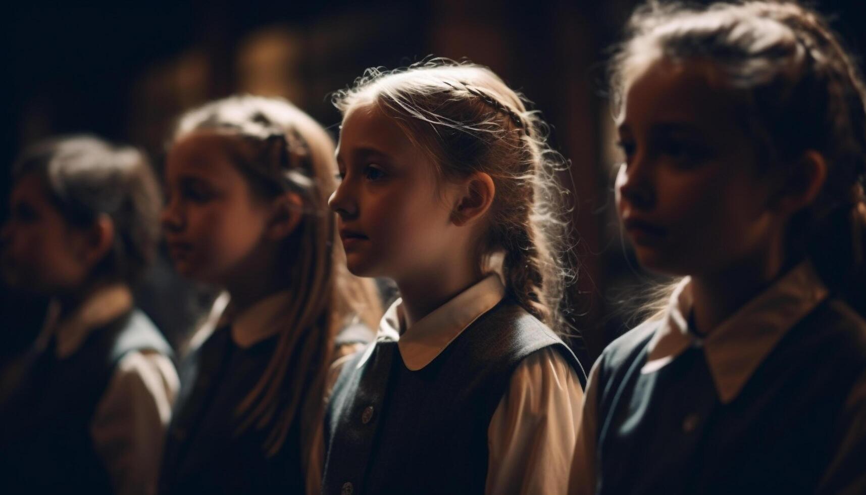 en grupp av glad skola barn njuter inlärning utomhus genererad förbi ai foto