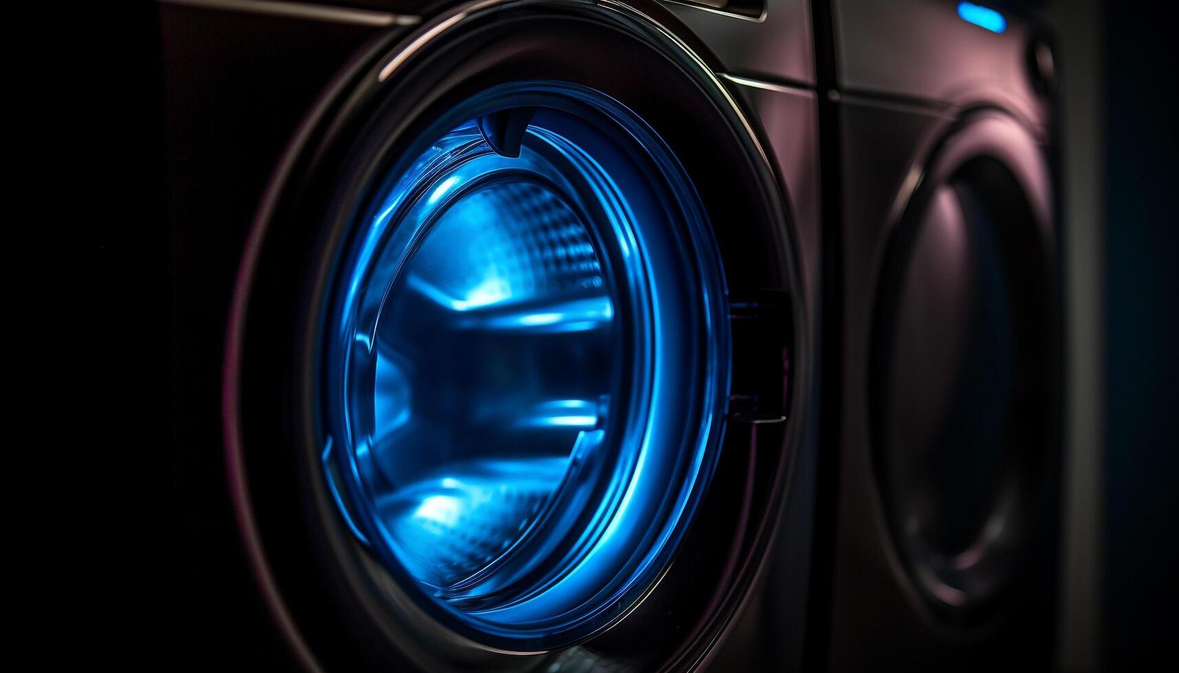 modern tvättning maskin, stål apparat, rena tvätt, skinande metallisk cirkel genererad förbi ai foto