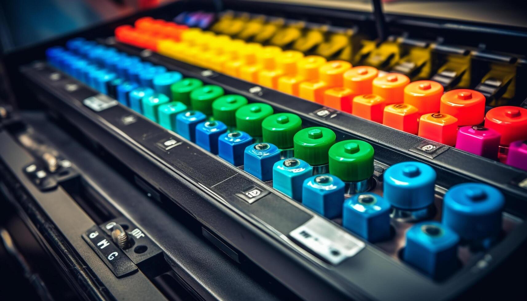 elektrisk mixer kontroller maskineri för stereo ljud variation i studio genererad förbi ai foto