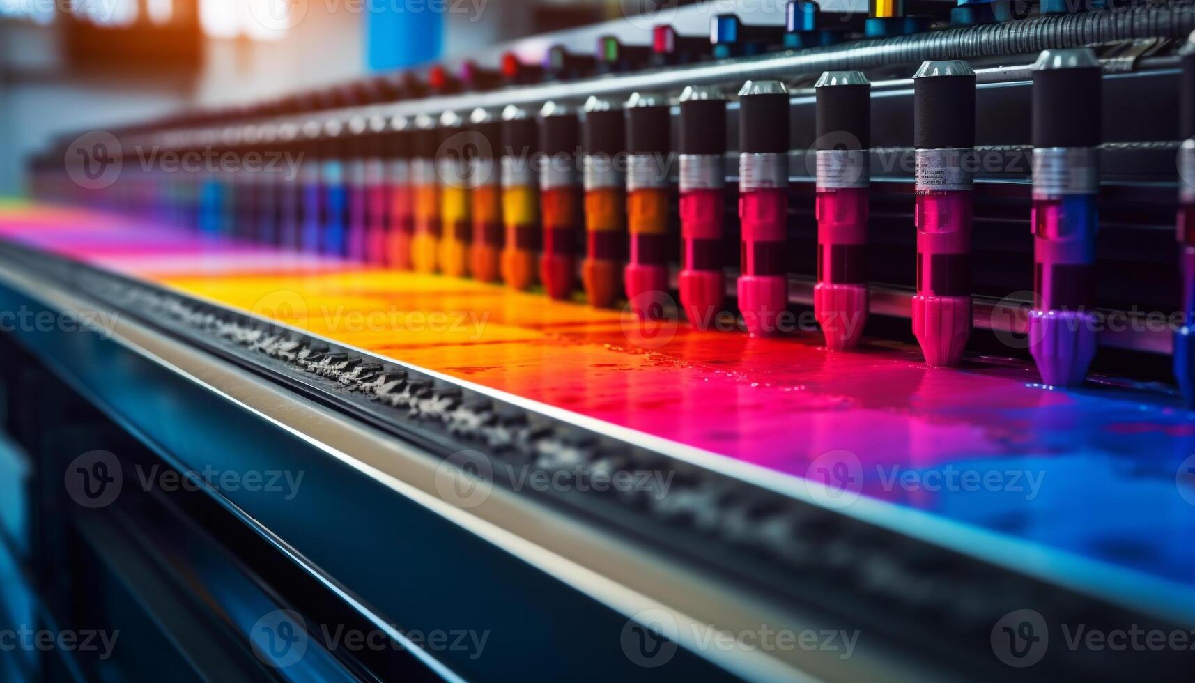 mång färgad flaskor på transportband bälte i modern textil- fabrik genererad förbi ai foto