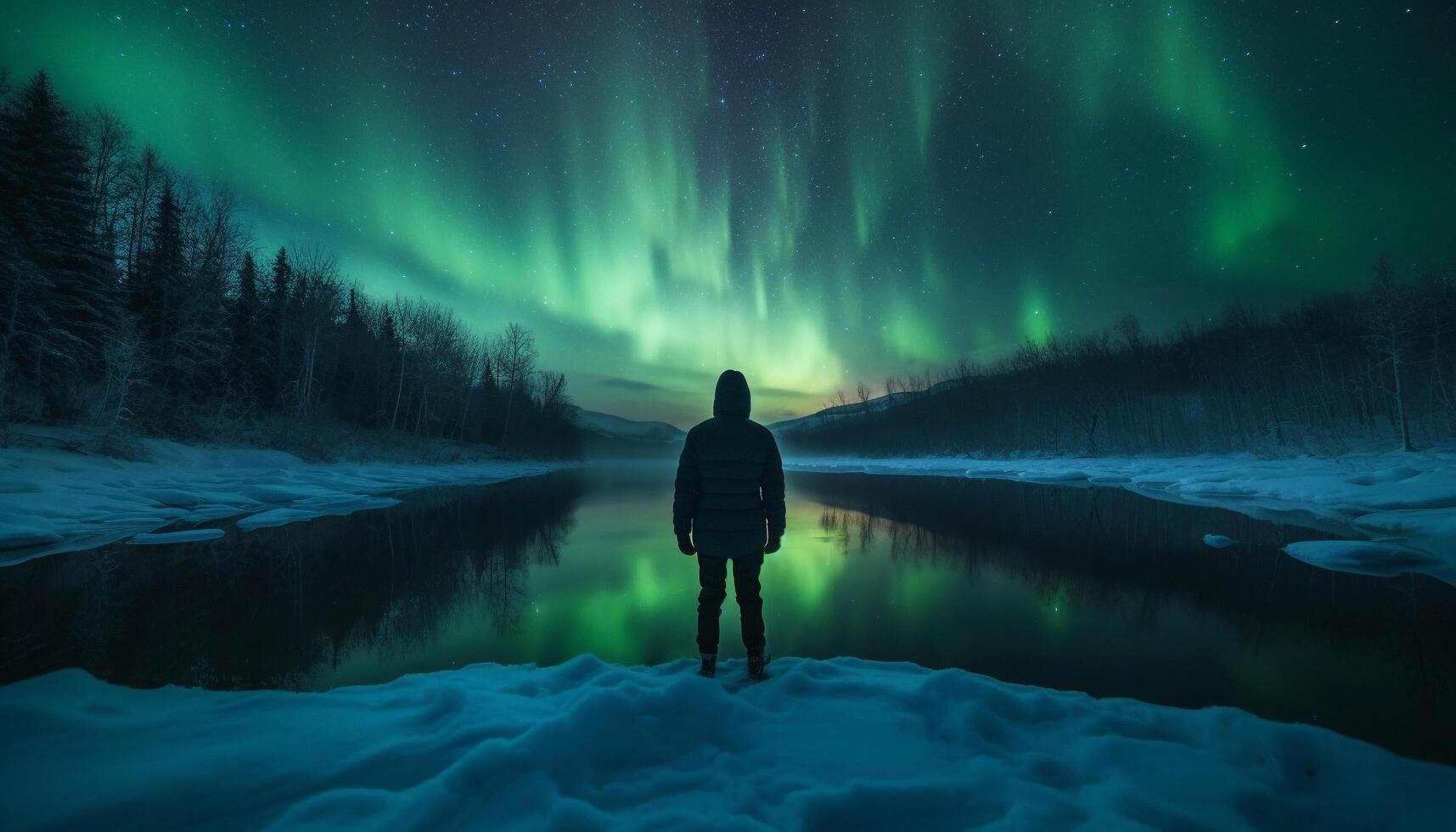 ett person stående i arktisk landskap, upplyst förbi starry natt genererad förbi ai foto