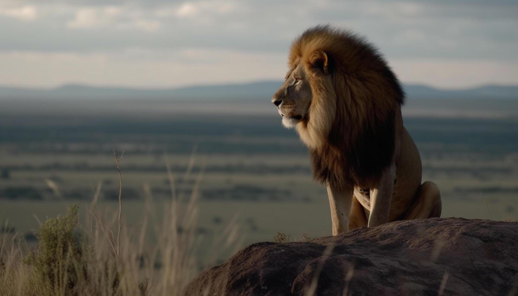 majestätisk lejon vilar i de afrikansk vildmark, ser bort lugnt genererad förbi ai foto