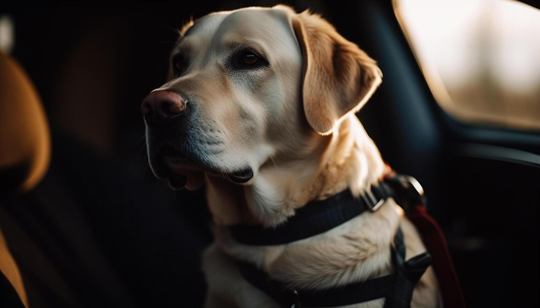 renrasig retriever valp Sammanträde utomhus, ser på bil genererad förbi ai foto