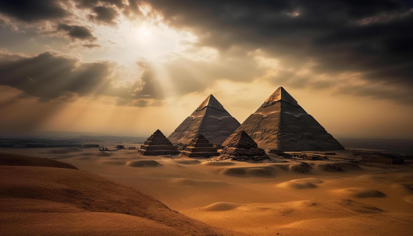 majestätisk pyramid form i gammal egyptisk landskap, en turism äventyr genererad förbi ai foto