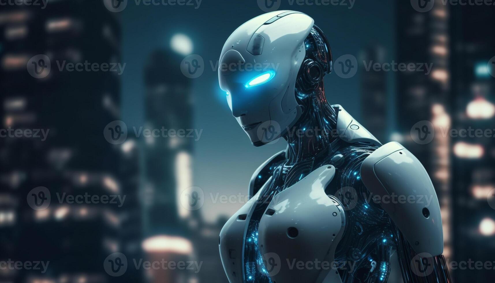 trogen cyborg kvinnor med robot ärm stående naken genererad förbi ai foto