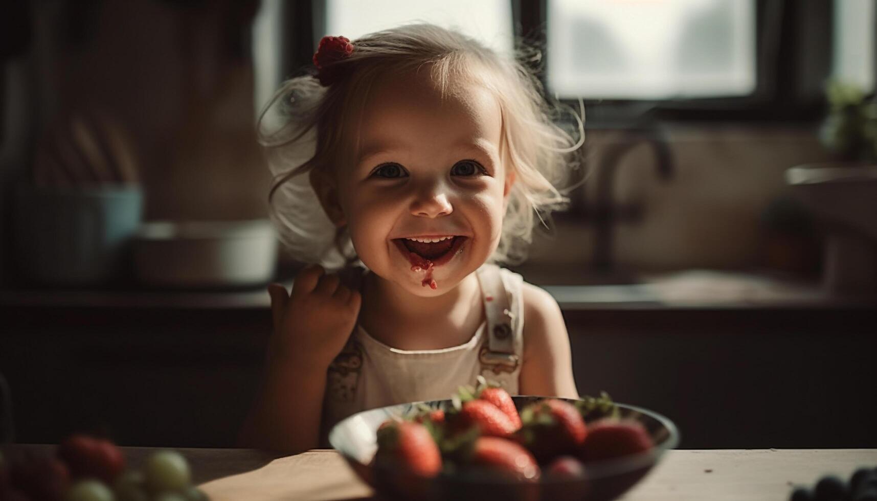 söt caucasian litet barn åtnjuter färsk jordgubb skål inomhus genererad förbi ai foto