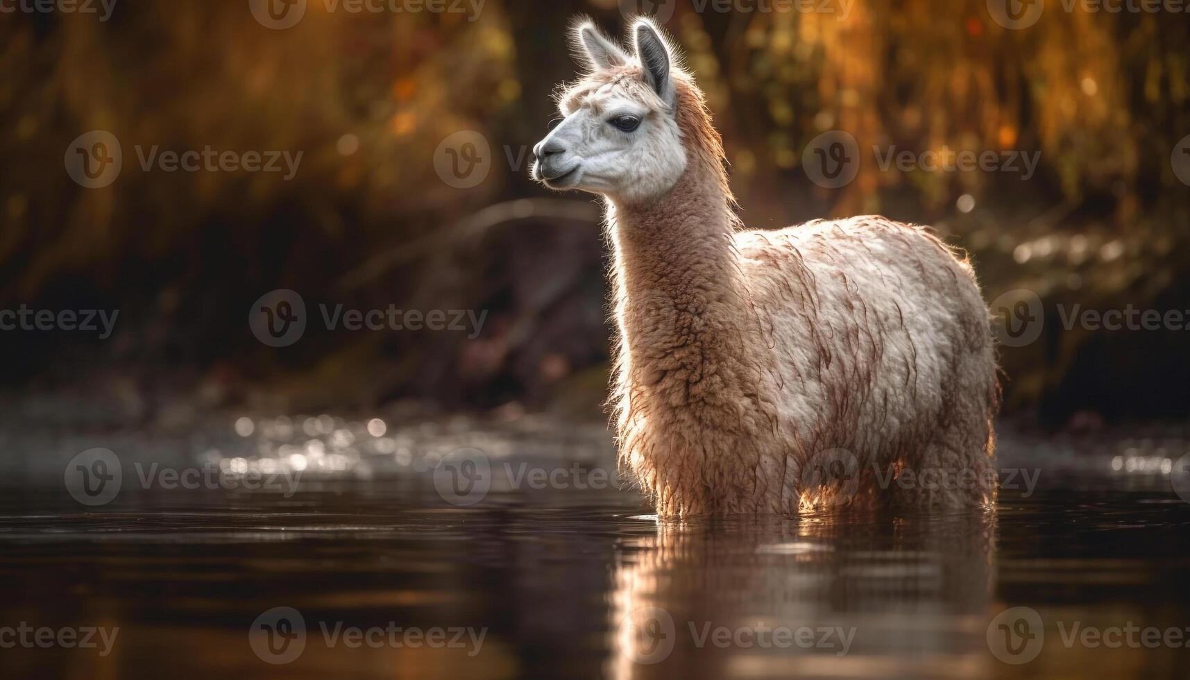 söt alpacka betning på frodig grön bete genererad förbi ai foto