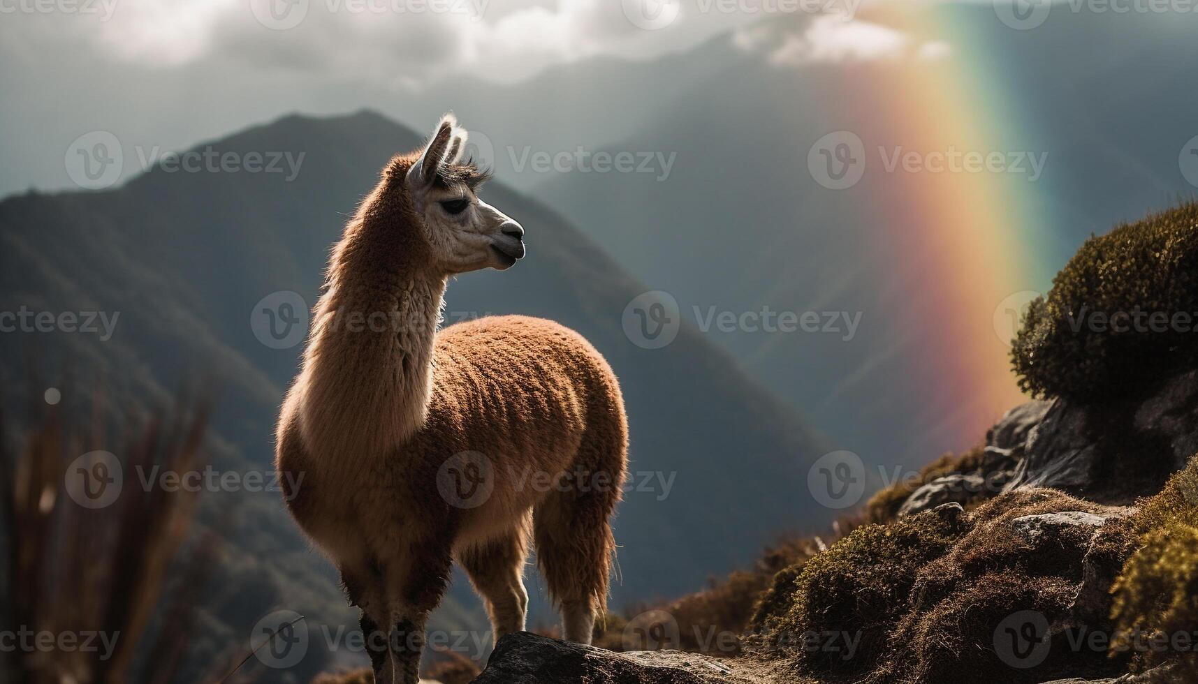 fluffig alpacka betar i lantlig berg äng genererad förbi ai foto