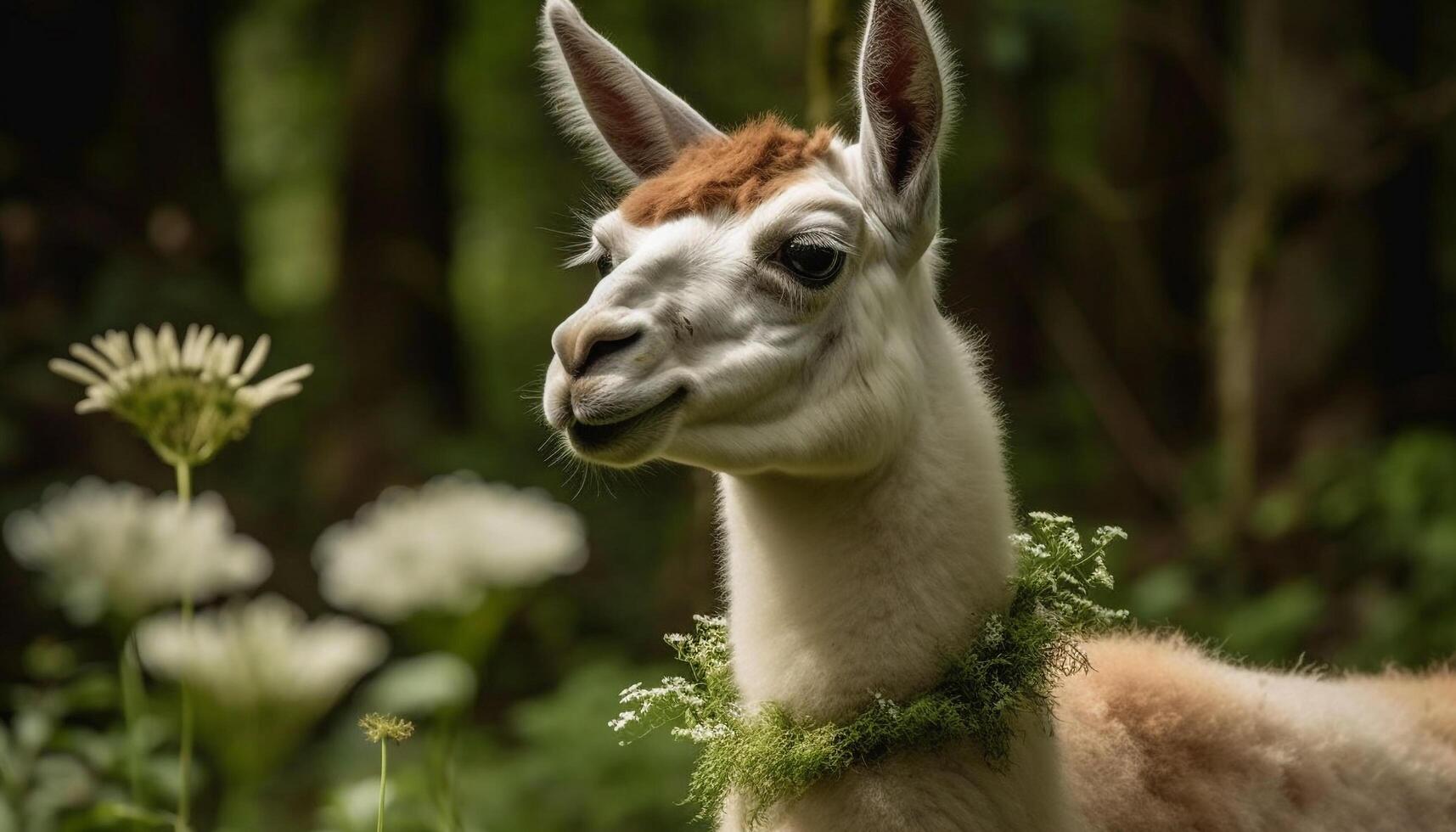 fluffig alpacka betning i grön äng, söt porträtt genererad förbi ai foto