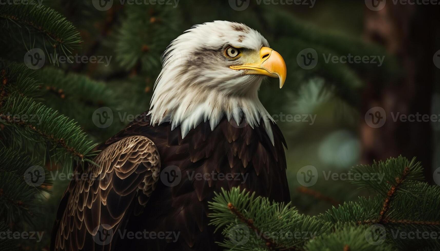 majestätisk skallig Örn perching på träd gren genererad förbi ai foto