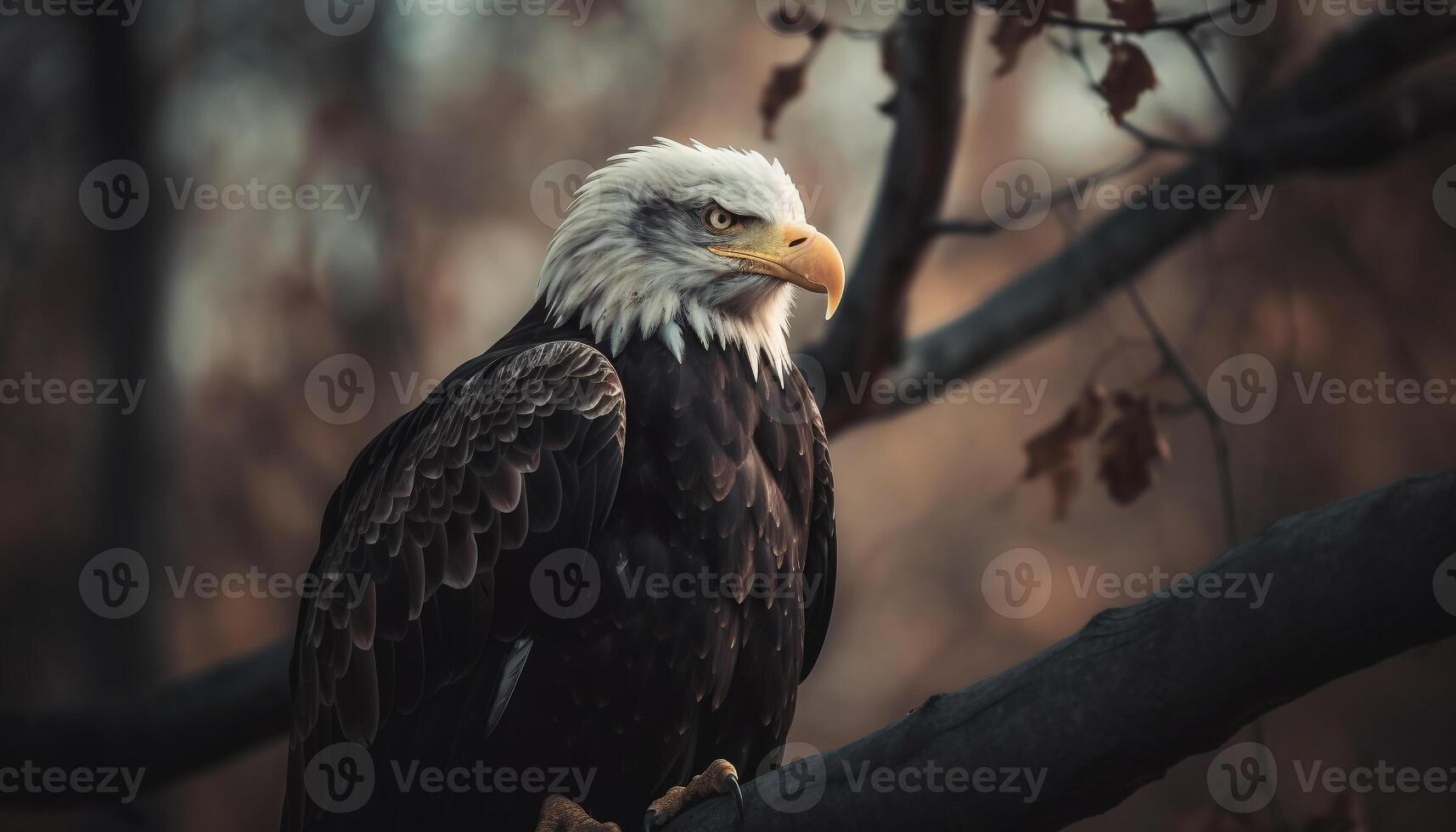 majestätisk skallig Örn perching på träd gren genererad förbi ai foto