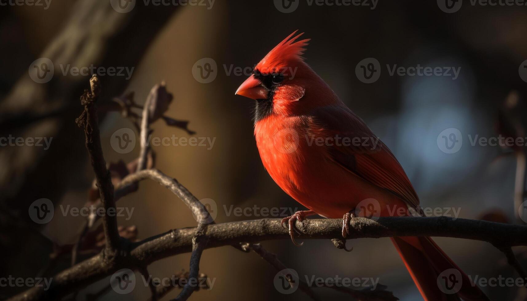 nordlig kardinal perching på gren, vibrerande färger genererad förbi ai foto