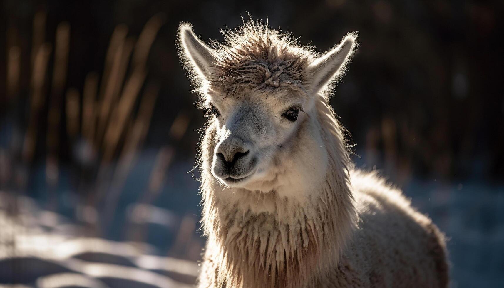 fluffig alpacka poser för lantlig porträtt, söt genererad förbi ai foto