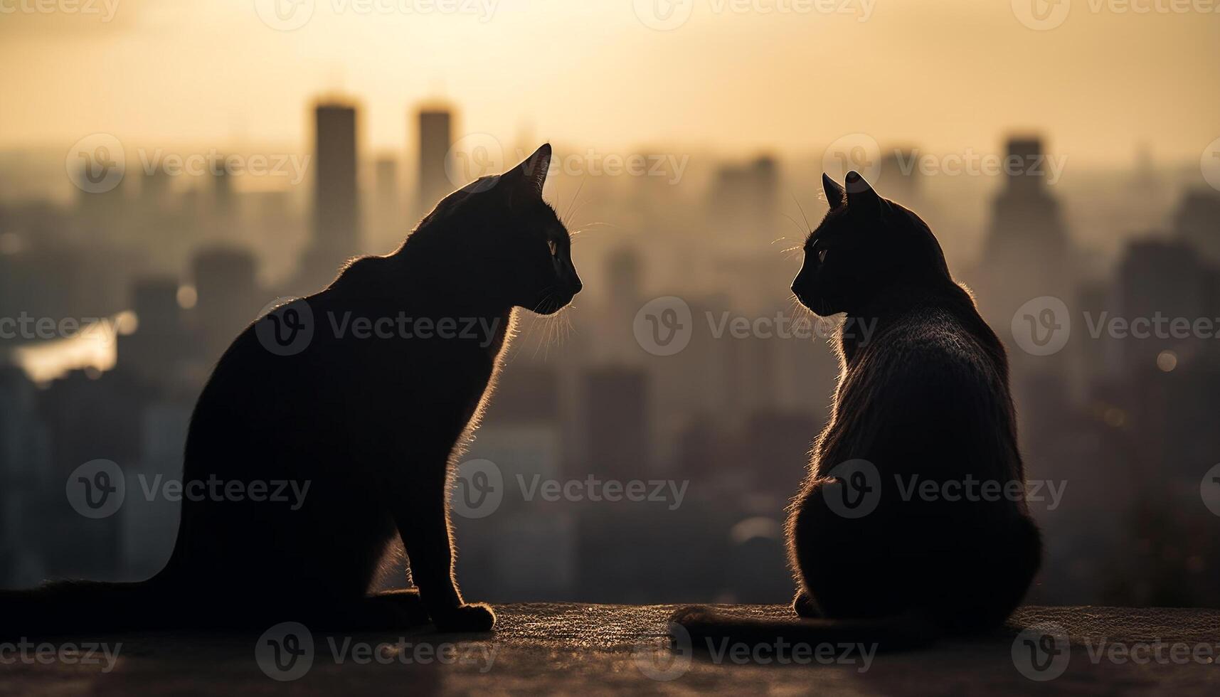 silhuett av söt kattunge tittar på stad solnedgång genererad förbi ai foto