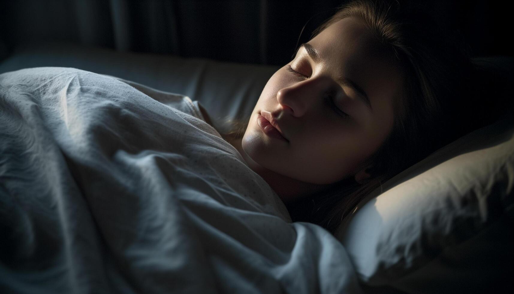 ung kvinna vilar i bekväm sovrum ensamhet genererad förbi ai foto