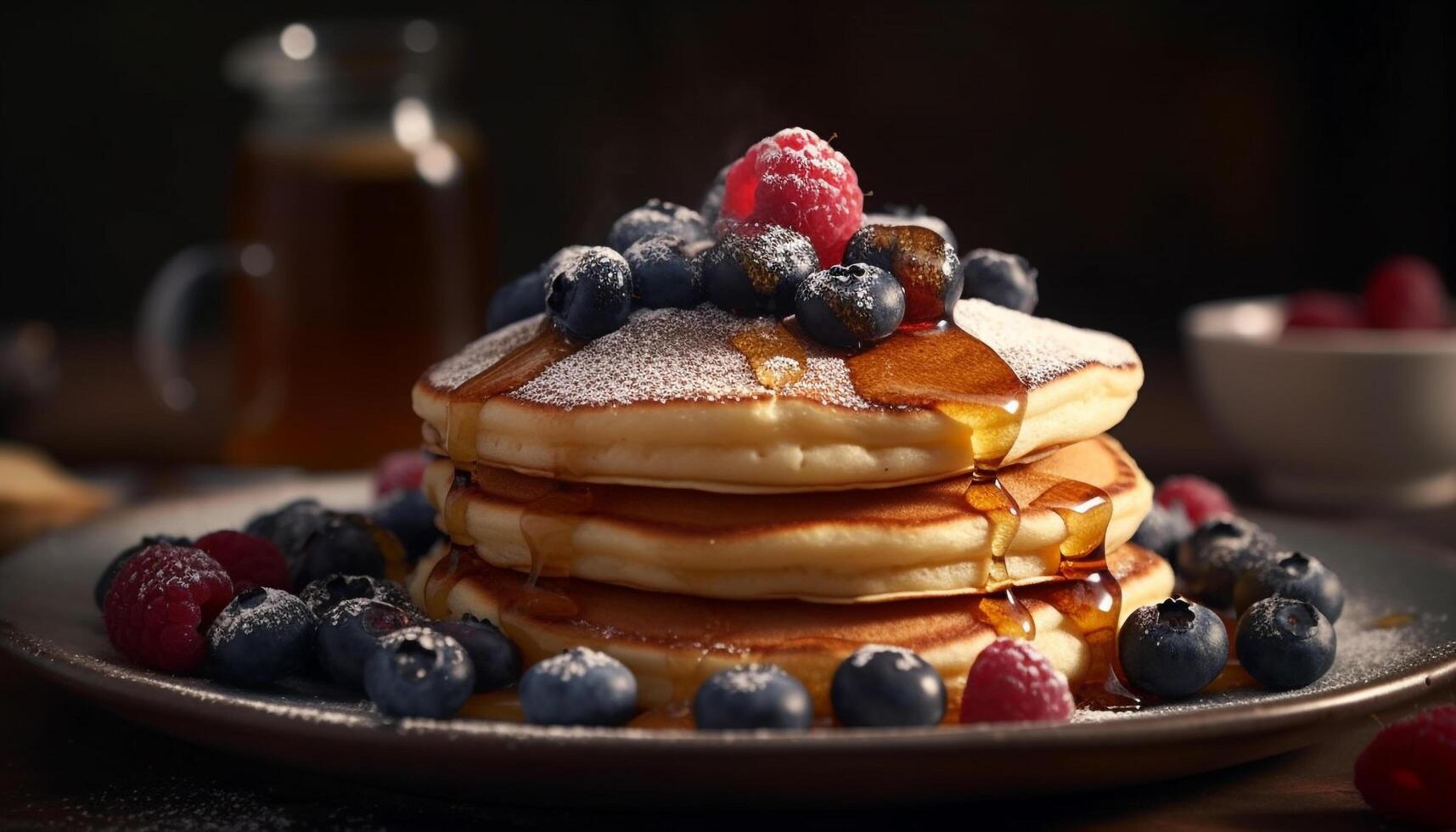 färsk bär pannkakor staplade hög på tallrik genererad förbi ai foto