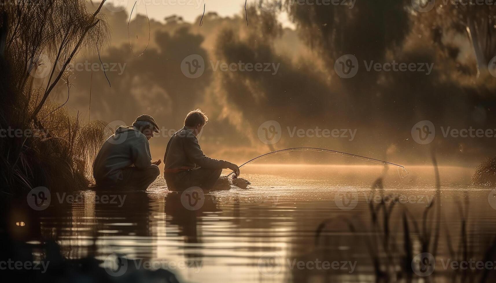 två män fiske, bakgrundsbelyst solnedgång reflexion fånga genererad förbi ai foto