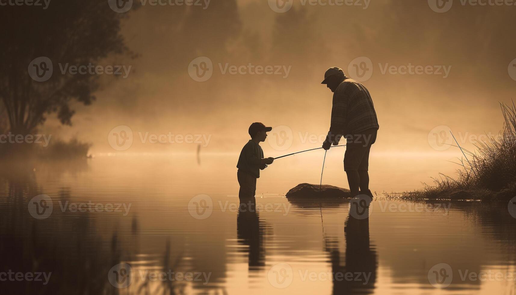 fiske far och son obligation på skymning genererad förbi ai foto