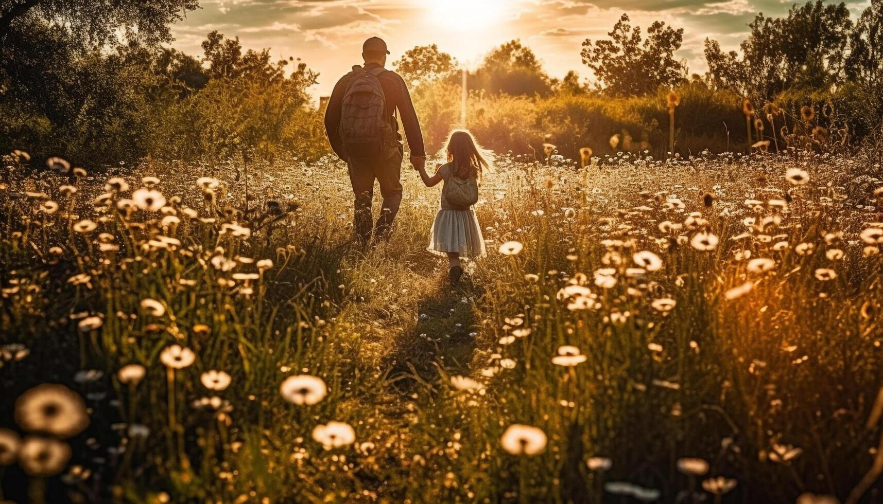 familj promenader i äng, njuter sommar solnedgång genererad förbi ai foto