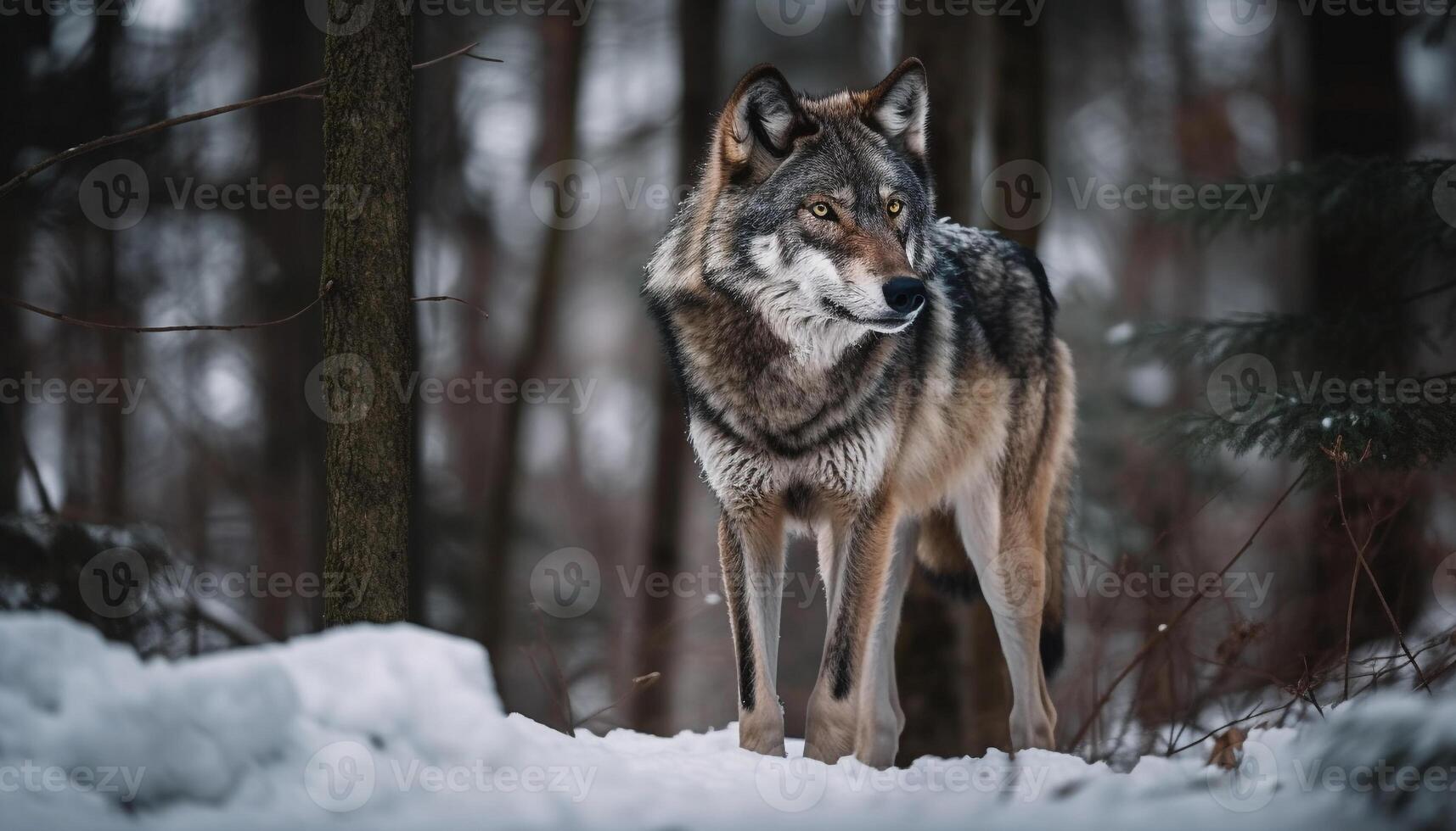 grå Varg stalking snö, tittar på arktisk räv genererad förbi ai foto