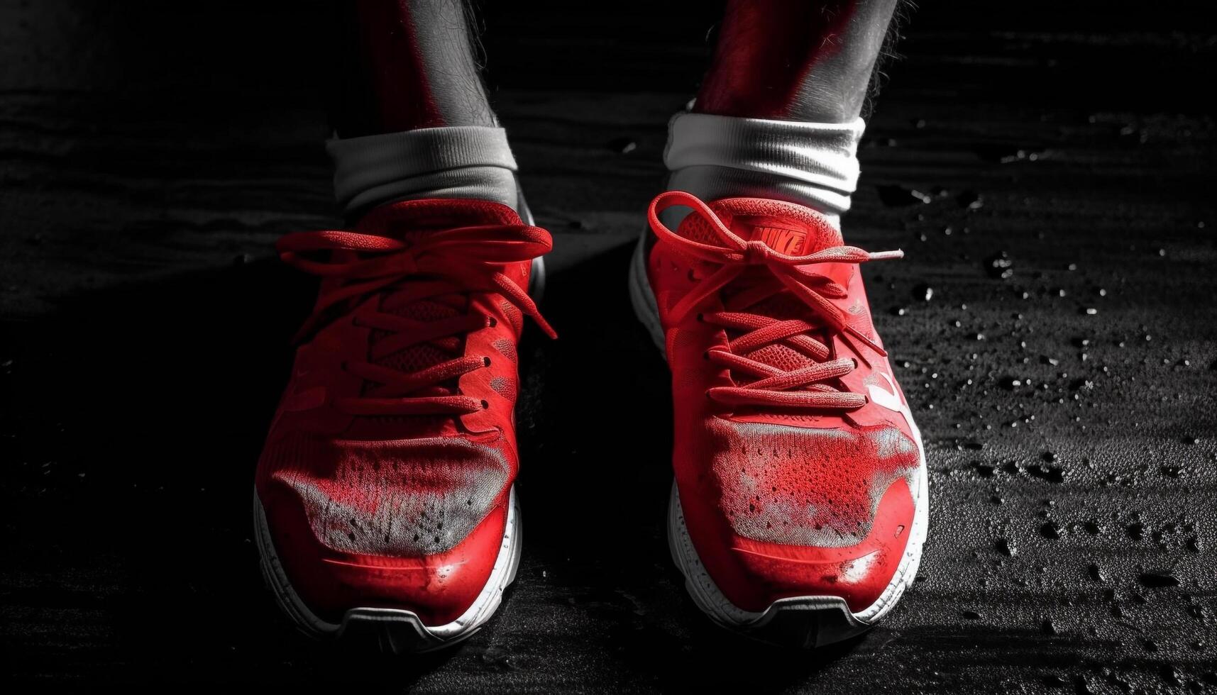 sporter sko i rörelse på våt trottoar genererad förbi ai foto