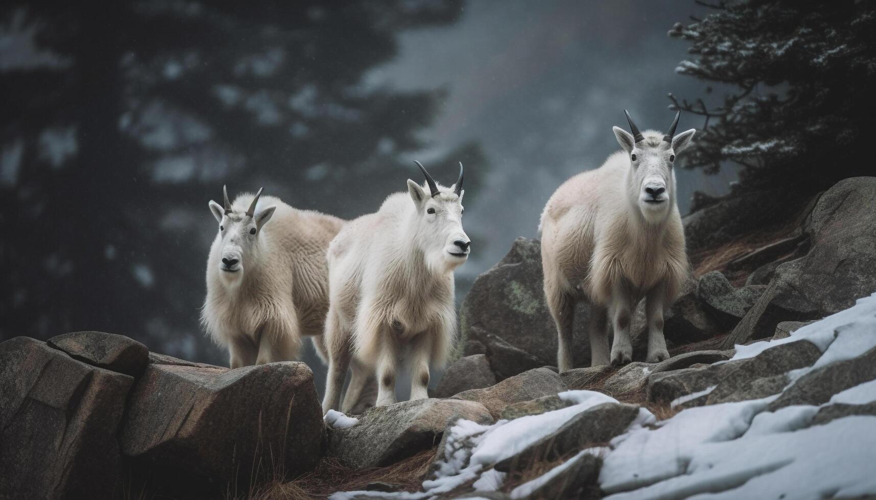 behornad get stående på klippig berg terräng genererad förbi ai foto