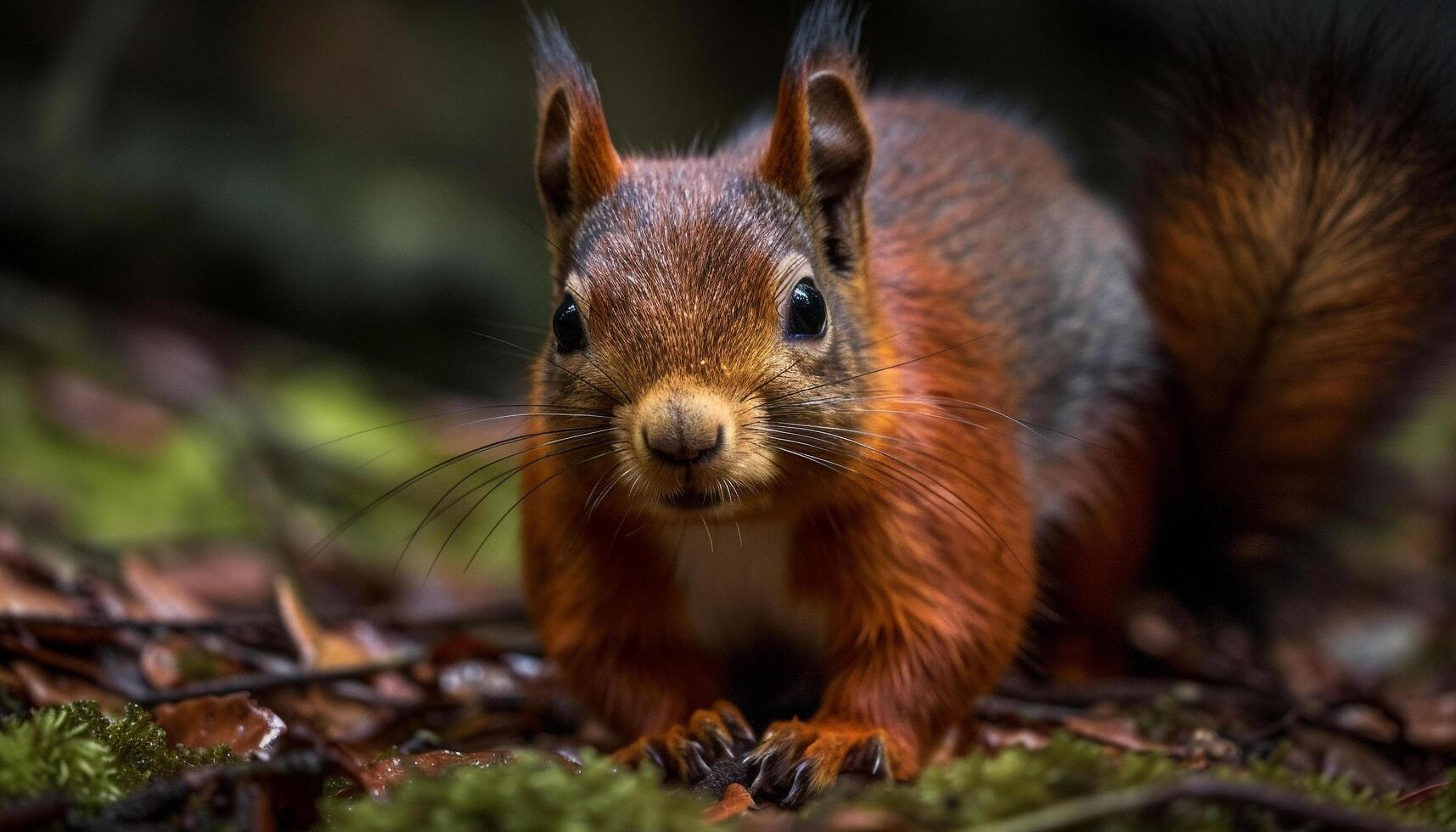 fluffig ekorre äter på höst träd gren genererad förbi ai foto