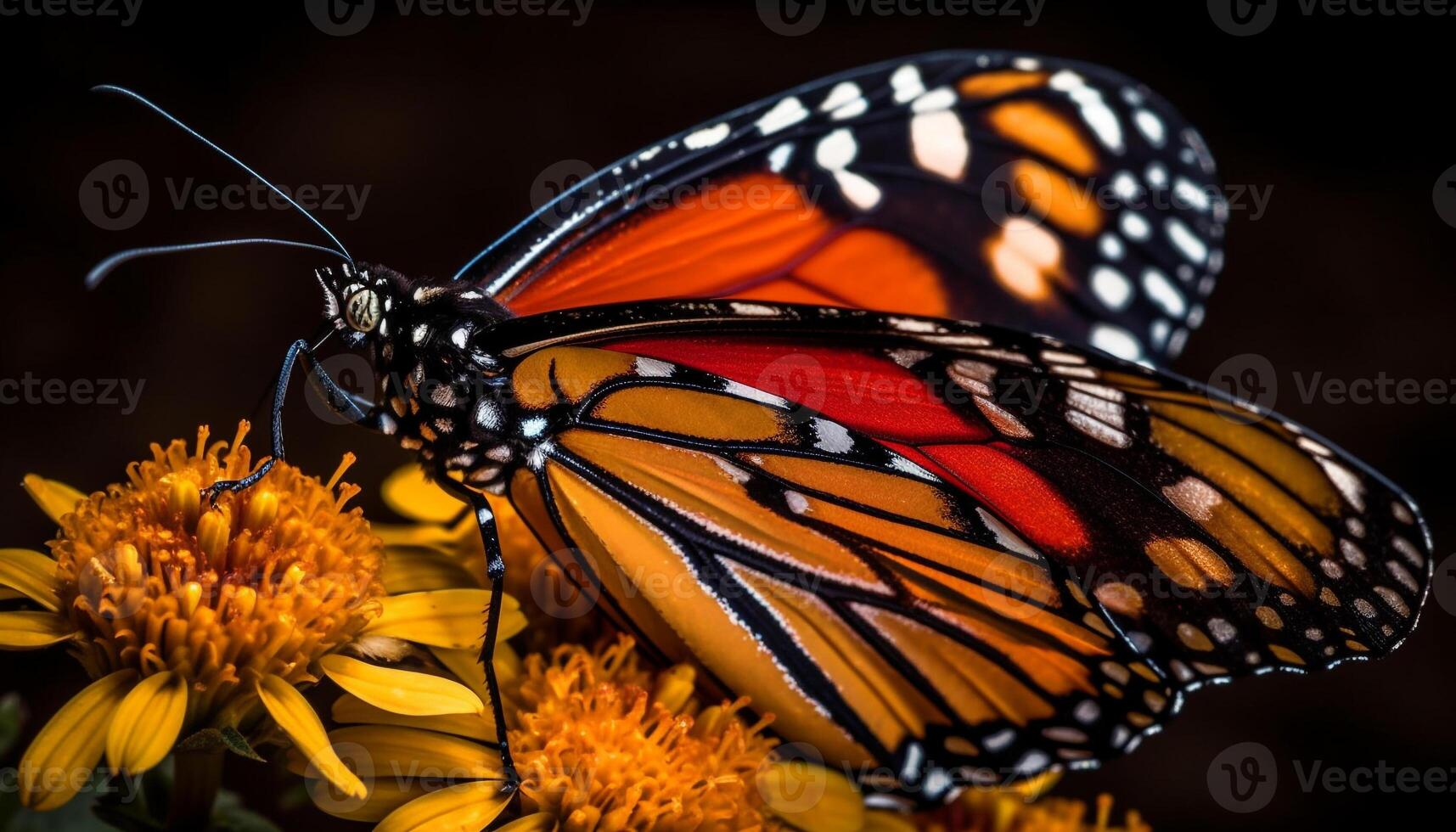 vibrerande monark fjäril delikat pollinerar gul blomma genererad förbi ai foto