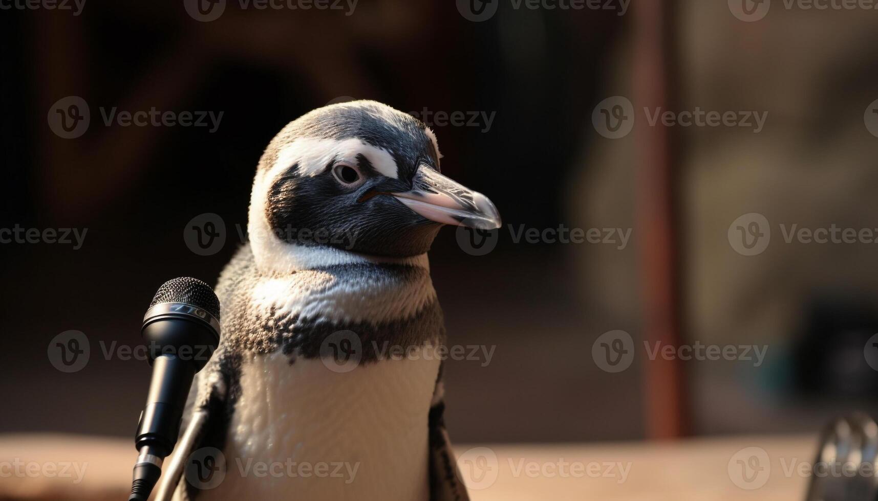 söt pingvin sjunger med selektiv fokus på näbb genererad förbi ai foto